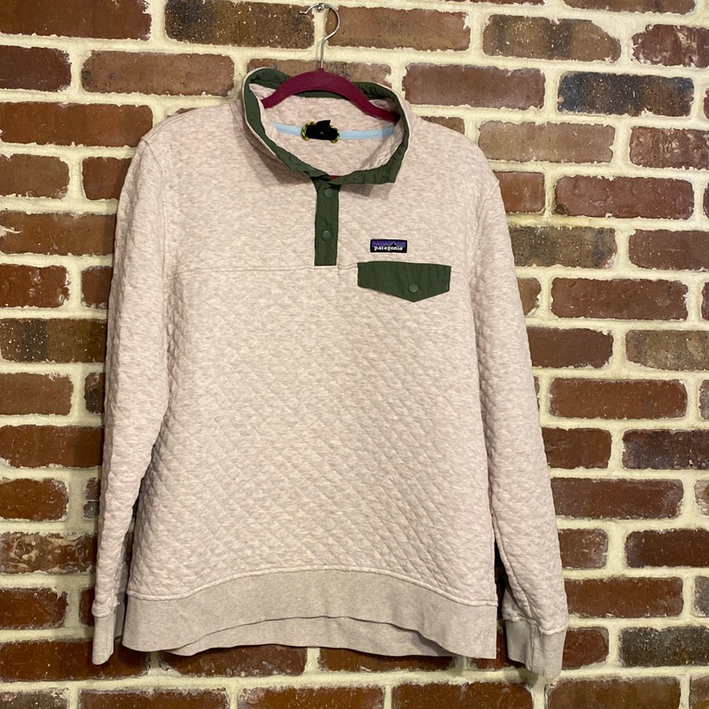 Patagonia Snap-T Quilt Pullover sweatshirt pink with green pocket size large